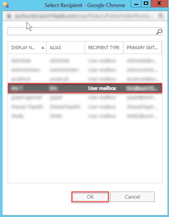 From the user list, select the account that you are using to migrate public folders and click OK.